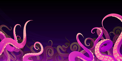 Tentacles of octopus, squid or kraken deep under water in sea. Vector cartoon illustration of ocean bottom with scary monster arms, purple and pink giant octopus tentacles with suckers