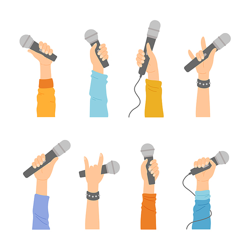 Hands with microphones, human palms holding mics, singer show rock gesture, karaoke bar recreation, journalist interview, music concert isolated design elements, Cartoon vector illustration, set