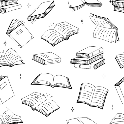Books seamless pattern with doodle outline textbooks. Monochrome linear wallpaper with library encyclopedia, textile, wrapping paper background, reading hobby, education, Vector line art illustration