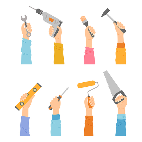 Hands with tools wrench, drill, brush and hammer, level, screwdriver, roller and saw. Human palms hold home repair diy renovation housework instruments isolated on white , Cartoon vector set