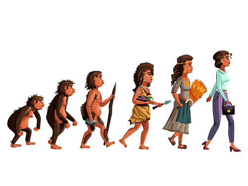 Woman evolution vector cartoon illustration concept. Female development process from monkey, erectus primate Australopithecus, hunter and gatherer of Stone Age, farmer to modern fashion woman