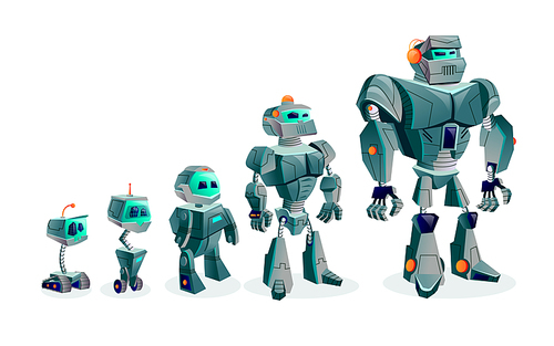 Evolution of robots, artificial intelligence technological progress, cartoon vector illustration isolated on white . Development of robots from primitive tracked droid to humanoid cyber