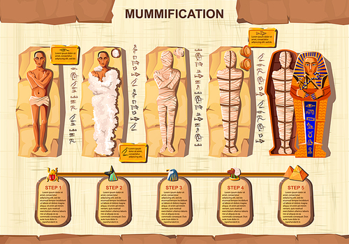 Mummy creation cartoon vector infographic illustration. Stages of mummification process, embalming dead body, wrapping with cloth and placing in sarcophagus. Traditions of ancient Egypt, cult of dead