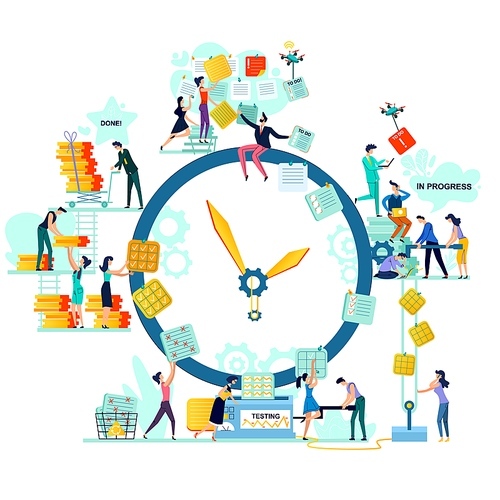 Deadline, time management and teamwork business concept vector. Large watches and workers with task cards, process of generating idea, turning it into task to do, through progress and testing to done,
