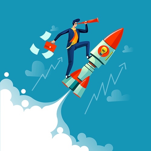 Businessman flying on rocket on background of sky, clouds and growth arrows, business concept cartoon vector. Successful leader with spyglass and briefcase in hands flies on speed spaceship, startup