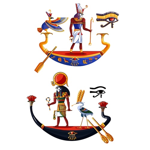 Ancient Egypt sun god Ra or Horus cartoon vector illustration. Egyptian culture religious symbols, ancient god-falcon in night and day boats, sacred birds, isolated on white 