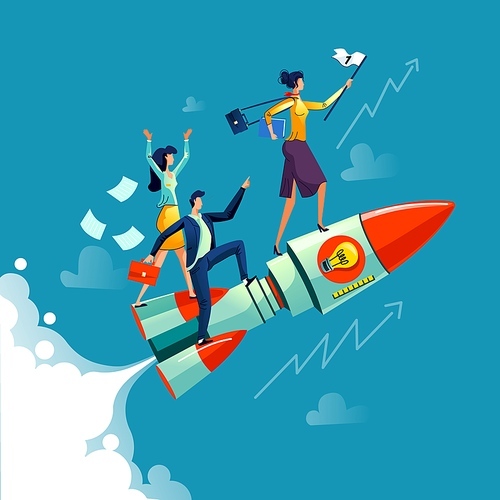 Businesswoman flying on rocket on background of sky, clouds and growth arrows, business concept cartoon vector. Successful female leader with number one flag and team flies on speed spaceship, startup