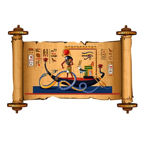 Ancient Egypt papyrus scroll cartoon vector with hieroglyphs and Egyptian culture religious symbols, Ra, sun god at night sails in boat on underground river and fights with chaos god serpent Apophis