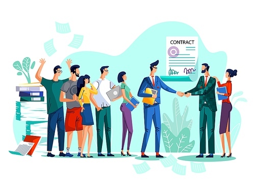 Contract conclusion and teamwork concept vector illustration. Satisfied businessmen shake hands against signed agreement with seal and signatures, woman stands behind back with hand on his shoulder