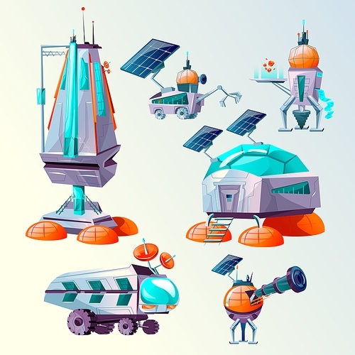 Space planet colonization vector cartoon set. Futuristic technology, sci-fi construction, space exploration. Cosmic ship or shuttle, mars rover, different bases and colony buildings or alien attack