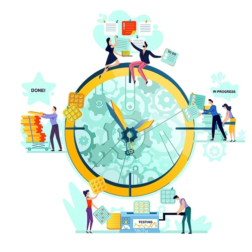 Deadline, time management, teamwork and business mechanisms concept vector. Large watches with gears and workers with task cards from to do to done. Hidden mechanisms and gears of business processes