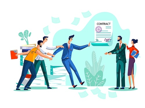Contract conclusion and teamwork business concept vector illustration. Businessman wants to sign bad contract, his team prevents him from doing so and drags him by hand