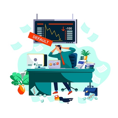 Default or collapse in stock market and exchange concept vector illustration. Businessman in stress, broker in panic clasping your head with hands on background of screen with securities value fall
