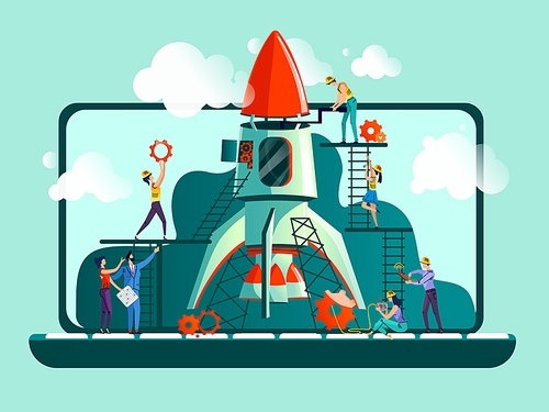 Business start up concept vector illustration. Open laptop, rocket and team work on control, on setting up and final preparation for launch. Spaceship launching is metaphor for new project beginning