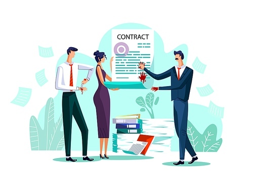 Contract conclusion business concept vector illustration. Businessmen signing contract with their blood, men stab hands with knife and leave bloody handprints on paper document