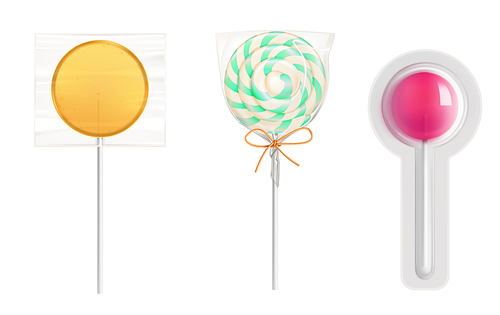 Lollipop candies in transparent plastic pack isolated on white . Vector realistic mockup of round caramel on stick in clear package. Icons of wrapped sweets