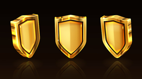 Golden shield vector icons set, gold medieval knight ammo, guard with engraved border, award trophy, military armor front side view isolated on black background with reflection, realistic 3d clipart