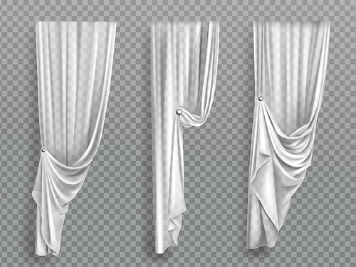 White window curtains set, folded cloth for interior decoration isolated on transparent . Soft lightweight clear material, fabric drapery of different forms. Realistic 3d vector illustration