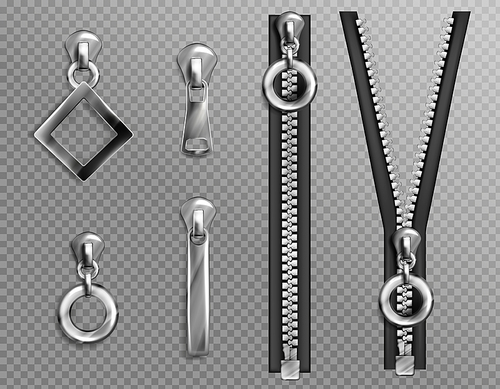 Metal zip fasteners, silver zippers with differently shaped puller and open or closed black fabric tape, clothing hardware isolated on transparent background, Realistic 3d vector illustration, set