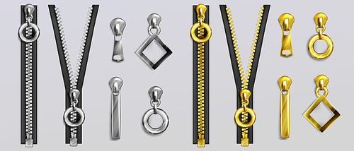 Silver and gold zippers with different shapes pullers isolated on gray background. Vector realistic set of open and closed metal zip fasteners and sliders for clothes and accessories