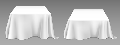 White tablecloth on square tables. Vector realistic mockup of empty dining desk with blank linen cloth with drapes for banquet restaurant, holiday event or dinner. Template with fabric cover