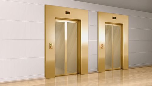 Golden elevator with glass doors in hallway perspective view. Vector realistic empty modern office or hotel lobby interior with luxury lift, panel with buttons and floor display on wall