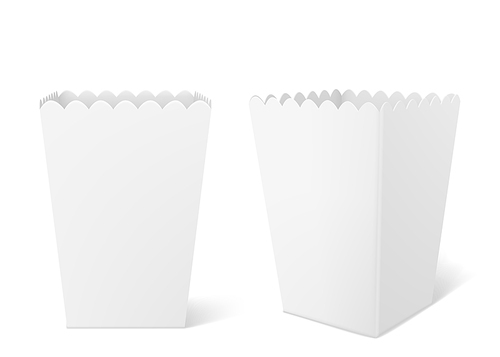 White paper box for popcorn isolated on . Vector realistic mock up of empty bucket for pop corn, blank square pack for chicken, potato and snack in cinema