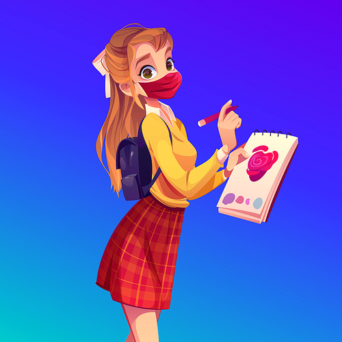 Woman painter in face mask with notebook and pencil. Girl student drawing pink heart in album. Vector cartoon girl with backpack, paper and marker. Young woman in medical mask create sketch