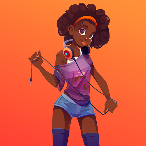 afro dj girl in headphones on neck, modern clothes and curly hairstyle. young  woman with dark skin and piercing on cute face, disc jockey teenager in jeans shorts, cartoon vector illustration