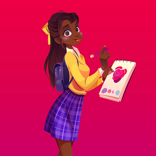 Black woman painter with notebook and pencil. African american girl student drawing pink heart in album. Vector cartoon teenage girl with ponytail, backpack, paper and marker