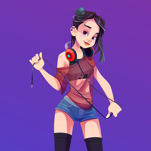 Girl dj playing music on party, disco or nightclub. Young asian woman in shorts with piercing on face. Vector cartoon illustration of cute female character, teenage girl with headphones