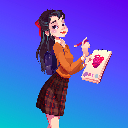 Asian artist girl paint flowers, young woman painter in chequered short skirt and rucksack holding pencil and sketchbook with rose blossom sketch. Workshop studio class, Cartoon vector illustration