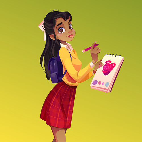 Artist girl paint flower, young woman painter with dark skin and long black hair wear teenage clothes holding pencil and sketchbook with rose blossom. Workshop studio class Cartoon vector illustration