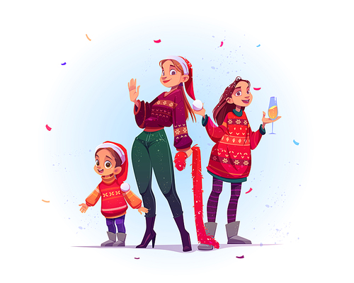 Merry Christmas and Happy New year celebration. Cheerful women and child family characters in Santa hat and knit sweaters drink champagne with falling confetti around, Cartoon vector illustration