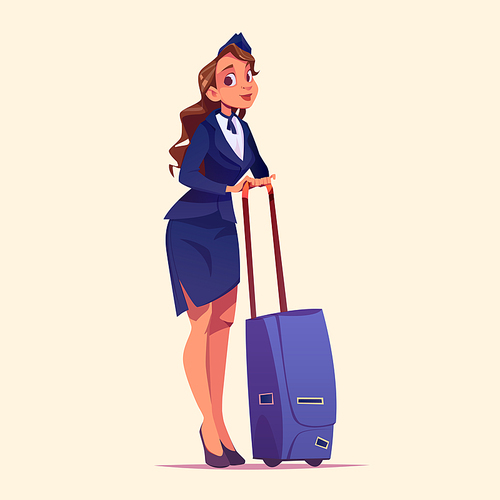 Air hostess, stewardess with luggage. Young woman in uniform, aircrew company plane flight attendant. Career and professional occupation airport employee with suitcase, Cartoon vector illustration