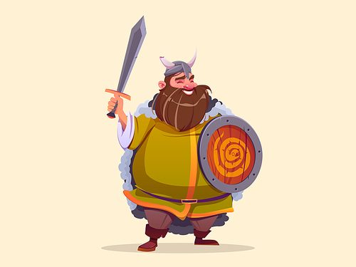 Viking character, ancient scandinavian warrior with sword and wooden shield with snake emblem. Vector cartoon illustration of medieval barbarian in horned helmet isolated on background