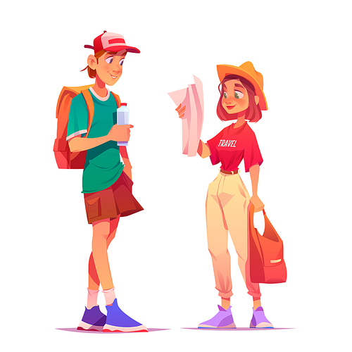 Tourists backpackers learning map searching way. Travelers man and woman hiking adventure, summer vacation trip. Characters travel, choosing walking route in foreign city, Cartoon vector illustration