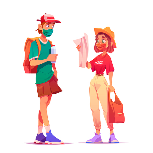 Tourists backpackers in medic masks learning map searching way. Travelers man and woman hiking adventure during coronavirus pandemic. Characters travel, choosing route, Cartoon vector illustration