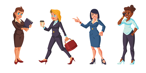 Cartoon business women isolated on white . Young multiracial female characters wearing formal suits holding briefcase, coffee, speak by mobile, office workers vector people illustration set