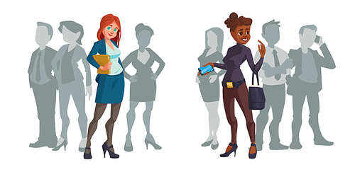 Cartoon business women caucasian and african american multiracial female characters stand out of crowd. Young businesswomen wearing formal suits holding folder and mobile, vector people illustration