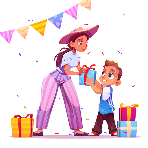 Happy birthday, family party celebration, mother give gift to little cheerful boy on festive background with colorful confetti, garlands and present boxes, mom congrats kid Cartoon vector illustration