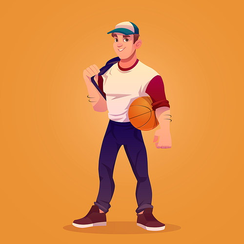 Basketball player with ball, sportsman. Vector cartoon illustration of muscular man in cap, professional athlete or sport trainer. Handsome strong guy with smile isolated on orange background