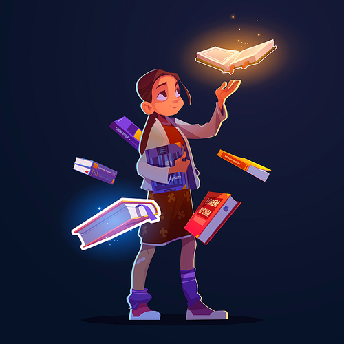 Girl with flying books with magic glow and sparkles. Vector cartoon fantasy illustration of happy child character and books with mystic shine isolated on dark background