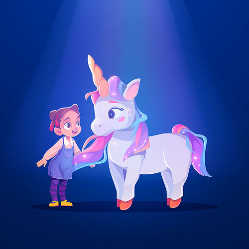 unicorn and little girl cartoon characters, child and cute white pony or horse with horn and  mane. sweet dream, baby imagination, fantasy animal and kid meet at light beam, vector illustration