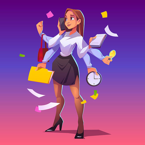 Business woman with many hands. Concept of professional multitask. Vector cartoon character secretary, manager or boss with phone, clock, note pad and bag in arms. Multitasking businesswoman