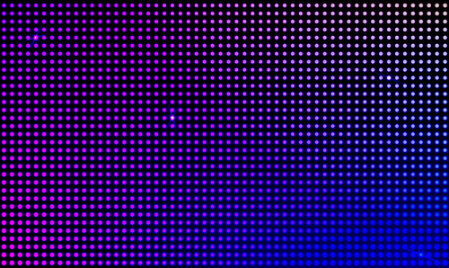 Led wall video screen with blue and purple dot lights on black background. Vector background with grid pattern of pixels for led display. Digital panel with mesh of diode lamps