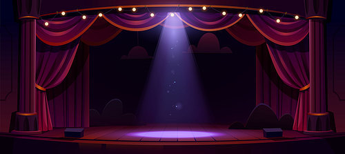 Dark theater stage with red curtains, columns and spotlight in center. Theatre interior empty wooden scene, luxury velvet drapes, decoration and light beam fall on floor, cartoon vector illustration