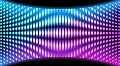 LED video wall screen texture background, blue and purple color light diode dot grid concave tv panel, lcd display with pixels pattern, television digital monitor, Realistic 3d vector illustration