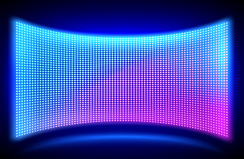 Led concave wall video screen with glowing blue and purple dot lights on black background. Vector illustration of grid pattern for led display on stadium or scene. Digital panel with mesh diode lamps