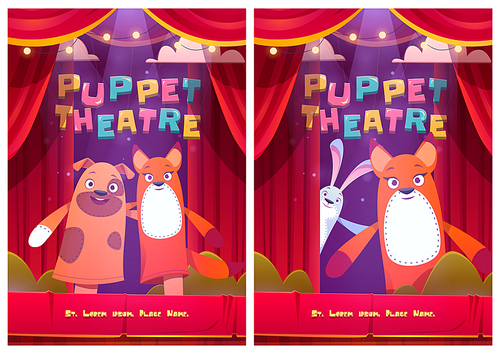 Puppet theatre posters with dog, rabbit and fox dolls. Vector flyer with cartoon illustration of theater for kids with animal toys and red curtains. Invitation to performance with marionettes on hands